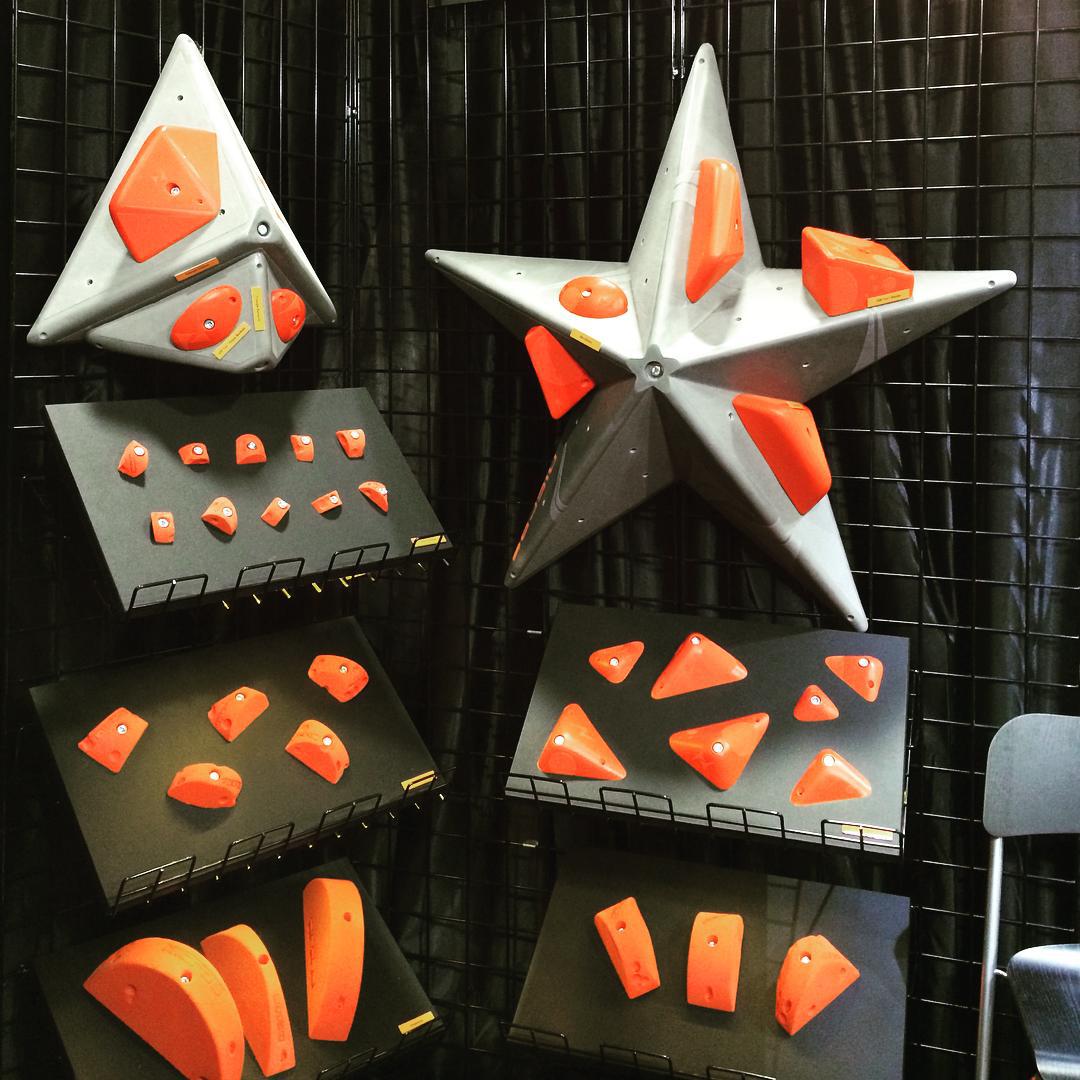 Check out all the @alexjohnson89 shaped cheese holds at the @nicrosclimbingwallsystems booth at the #outdoorretailer Tradeshow #handholds #volumes #climbing