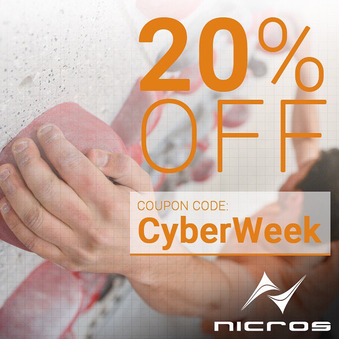 We are extending our Cyber Monday Deal to everybody who wants to save some serious cash on Nicros handholds.

From November 30–December 4, take 20% off all handholds and Nicros gear! Use coupon code "CyberWeek" during checkout.

Also, don't forget to sign up for our TC Beta at https://goo.gl/gor4TD to receive more specials like this! #Nicros #RockClimbing #Climbing #Handholds #ClimbingGym #ClimbingWall #Training #TCBeta #CyberWeek #CyberMonday #Sale #Routesetting #Routesetter